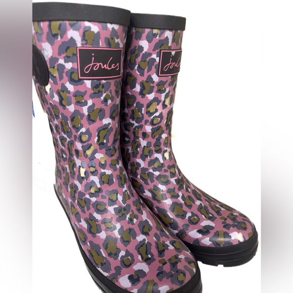 NWT Joules Molly Welly Rain Boots Women's Mid Calf Purple Brown Cheetah Print - Picture 2 of 8